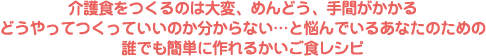 介護食をつくるのは大変、めんどう、手間がかかるどうやってつくっていいのか分からない…と悩んでいるあなたのための誰でも簡単に作れるかいご食レシピ